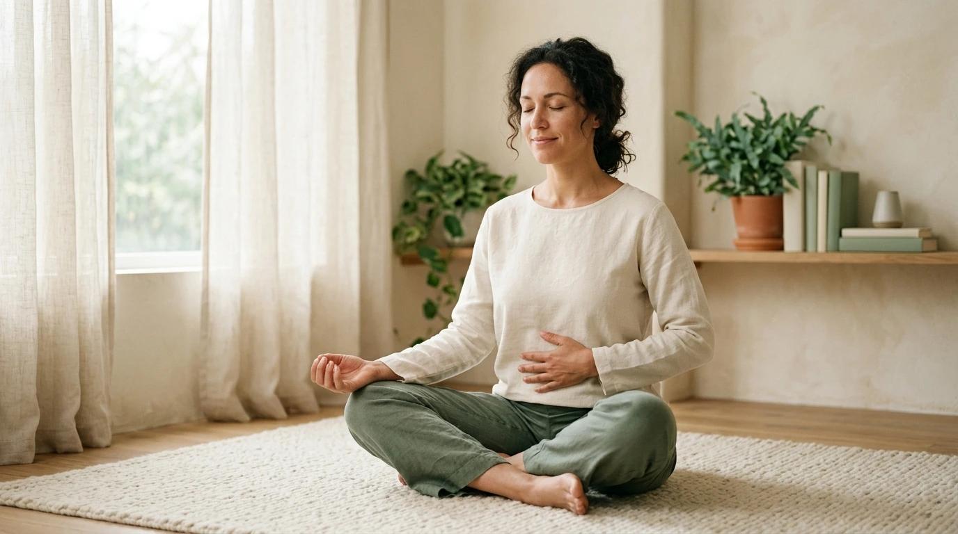 Pratiquante assise en respiration consciente