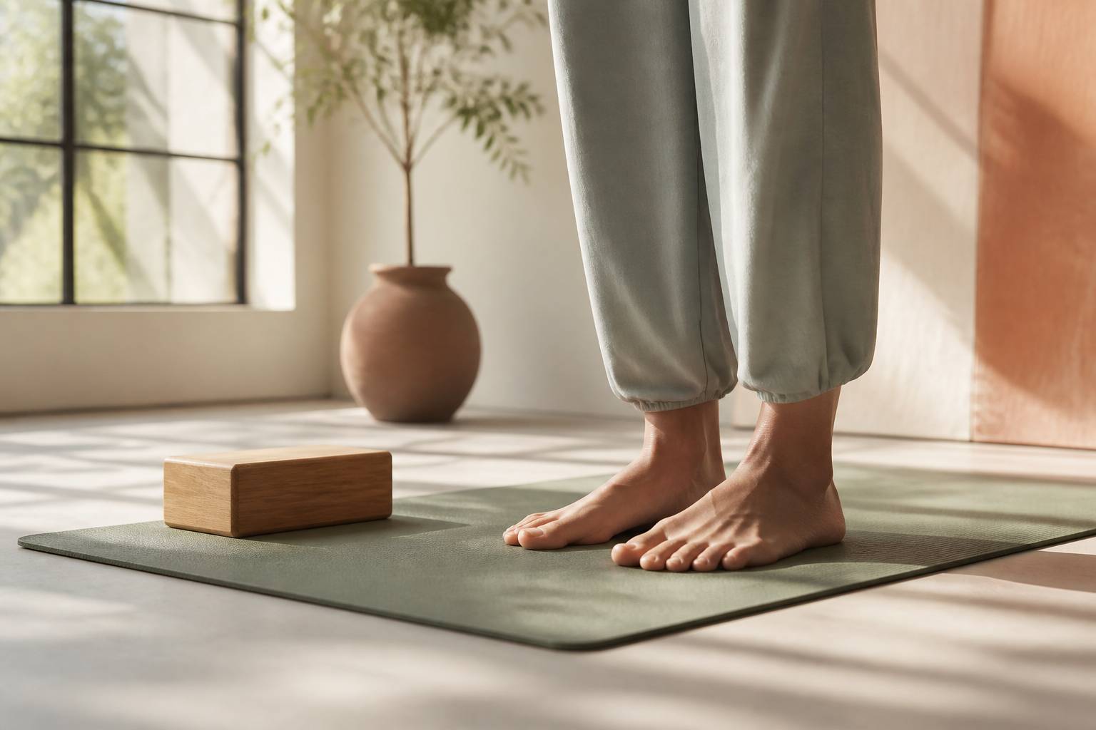 Pieds ancrés sur un tapis de yoga avec un bloc en bois à côté