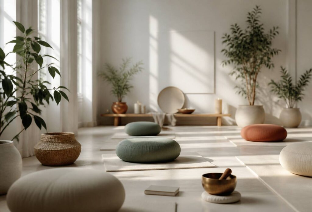 Studio de méditation paisible avec coussins et bol tibétain au matin