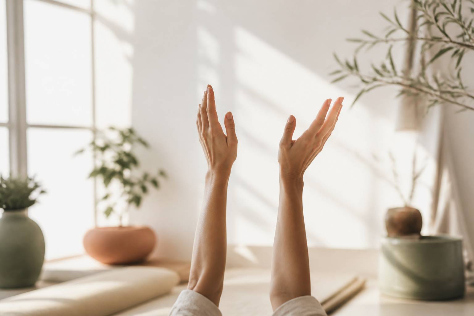 Bras levés vers le ciel avec les paumes ouvertes en yoga