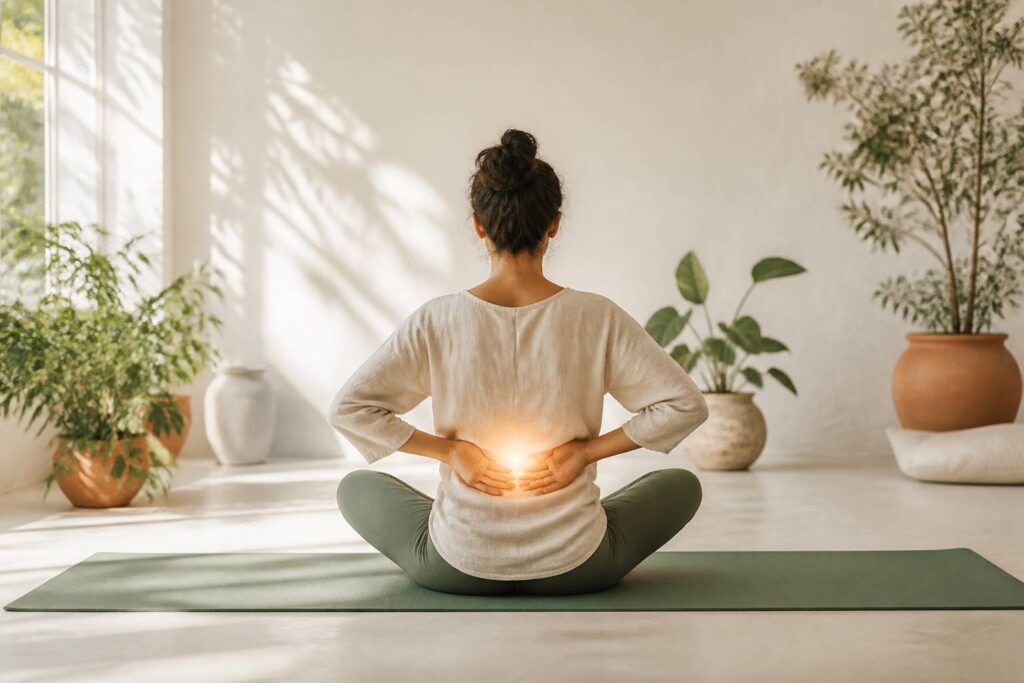 Personne méditant en tailleur mains sur le ventre dans un studio lumineux