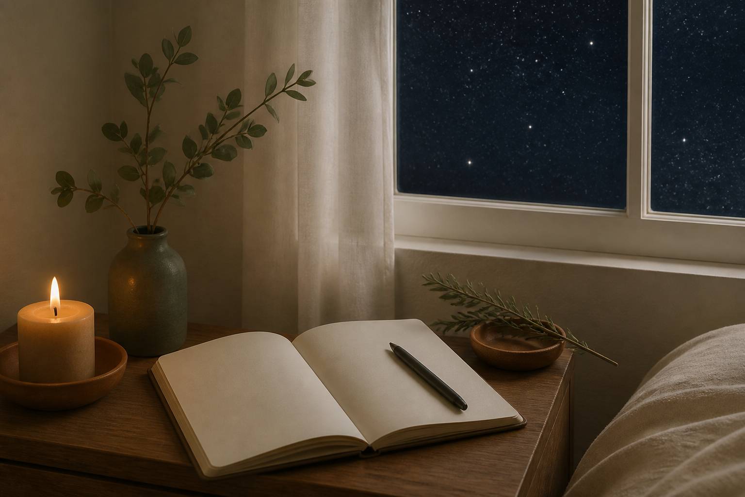 Composition apaisante avec une bougie, un carnet et un ciel étoilé, ambiance d'intention