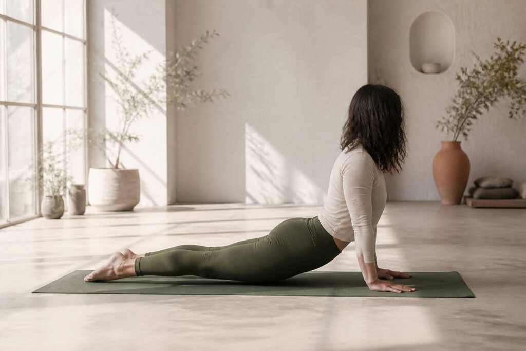 Personne réalisant la posture du cobra sur un tapis de yoga