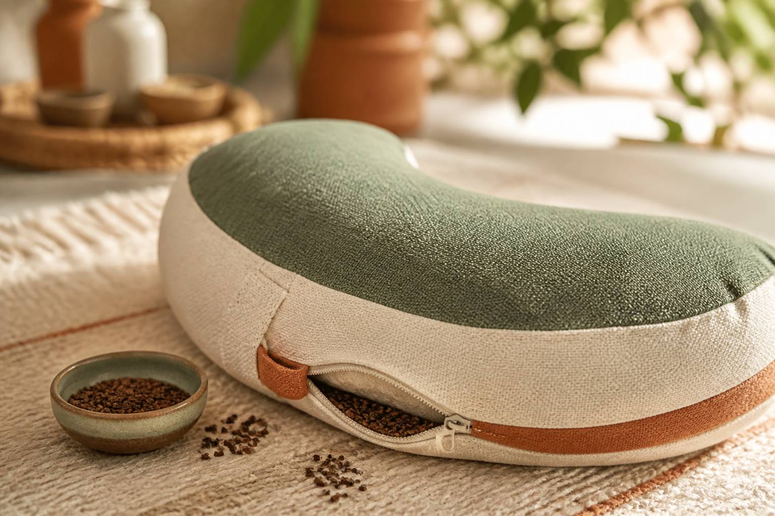 Coussin de méditation en demi-lune avec son garnissage en sarrasin