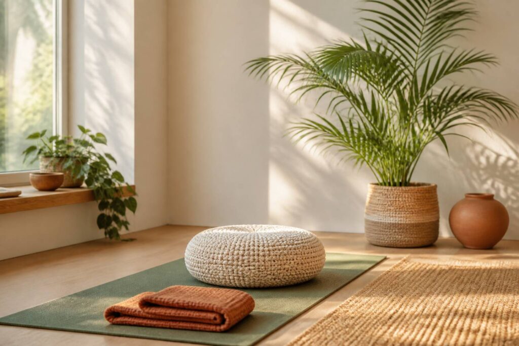 Coussin de méditation rond posé sur un tapis dans un studio lumineux