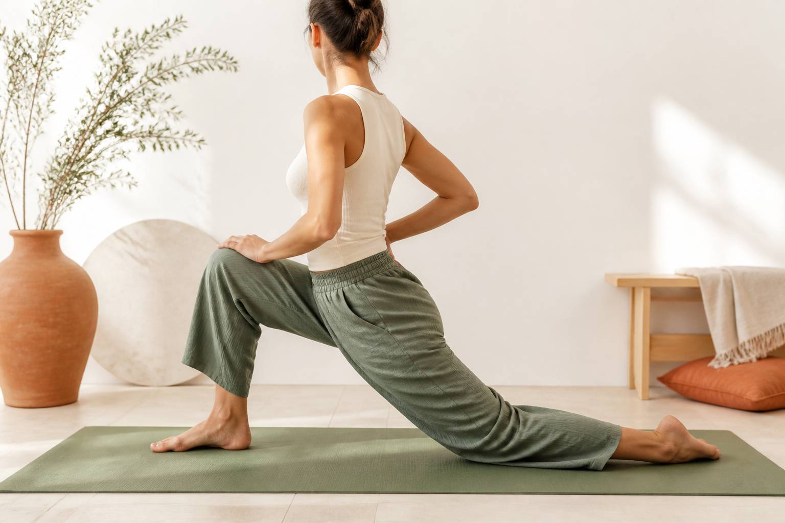 Personne générique en fente basse au sol pour étirer les quadriceps dans un studio de yoga