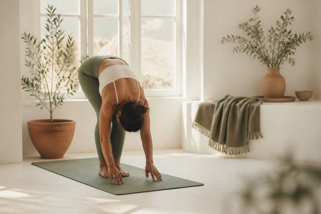 Personne en flexion avant debout sur un tapis de yoga
