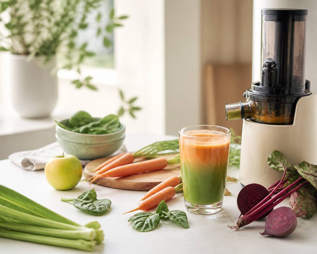 Verre de jus de légumes avec carottes et betteraves en cuisine
