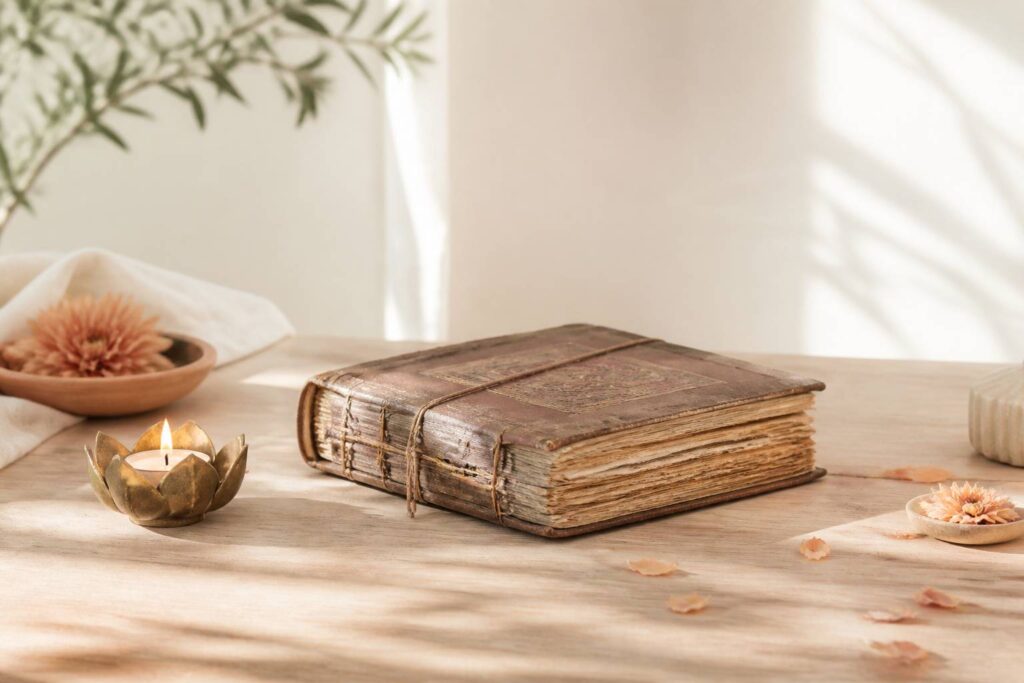 Ancien manuscrit indien posé sur une table avec bougie et pétales de fleurs