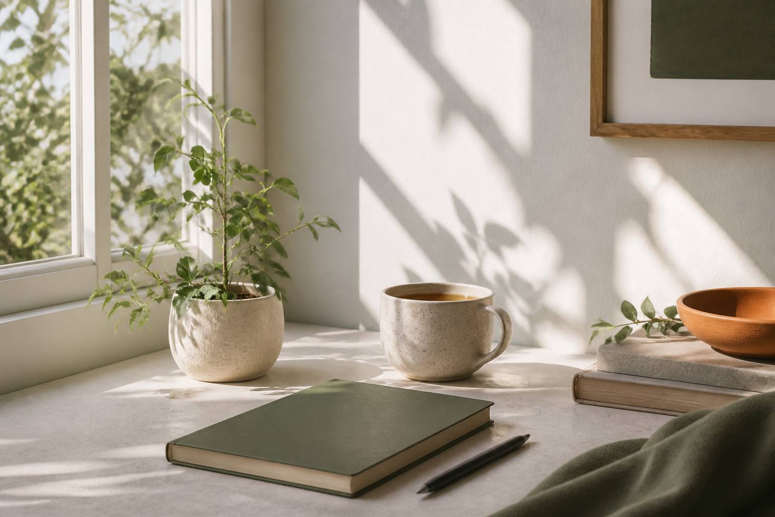 Carnet, stylo et tasse de thé sur une table près d'une fenêtre lumineuse, symboles d'introspection
