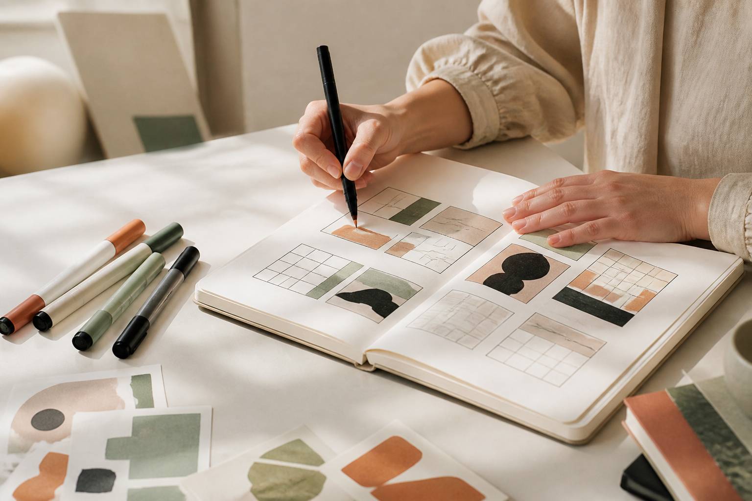 Mains dessinant des formes géométriques dans un carnet