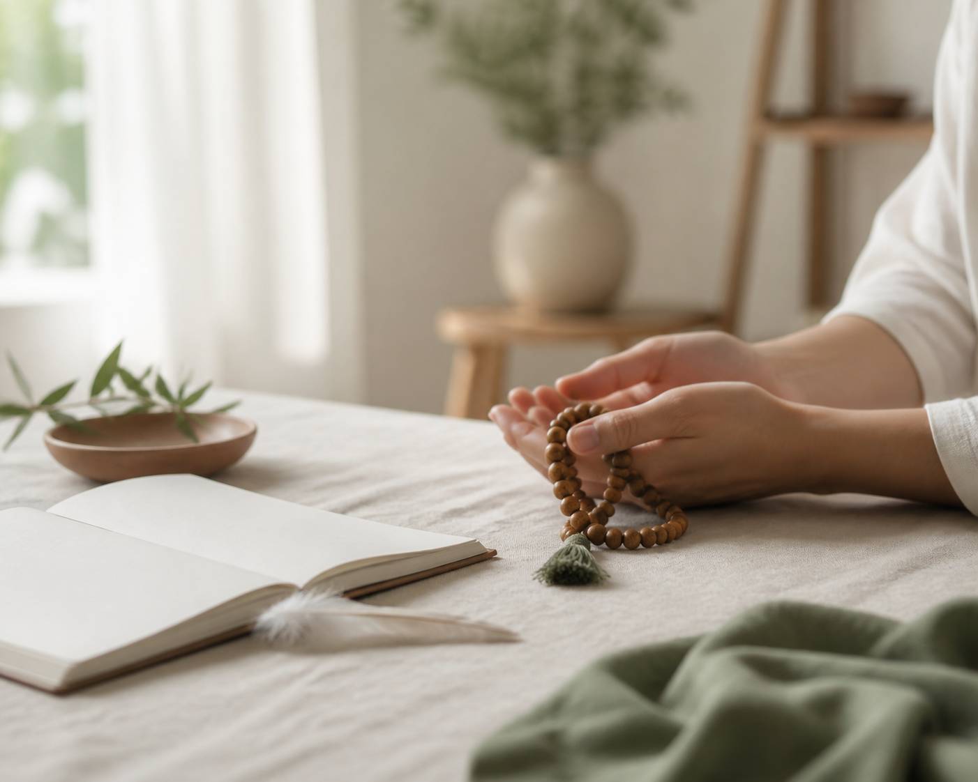 Mains en méditation tenant un chapelet en bois