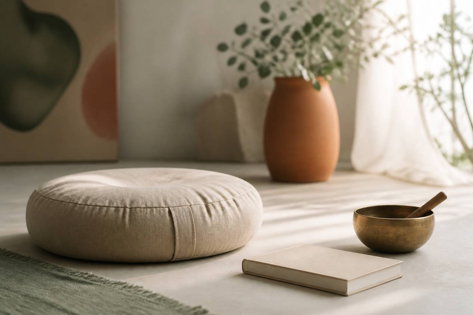 Coussin de méditation en lin avec bol chantant et livre fermé