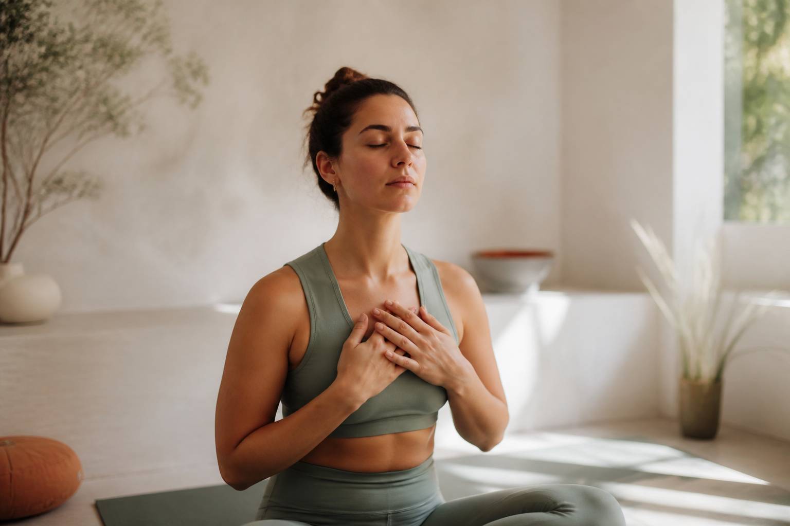 Méditation assise mains posées sur la poitrine, respiration consciente dans un studio clair et apaisant