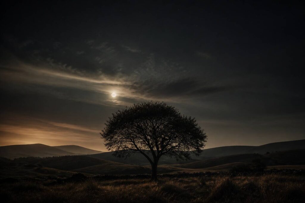 Ciel nocturne avec une fine lune voilée au-dessus d'un paysage paisible, ambiance méditative