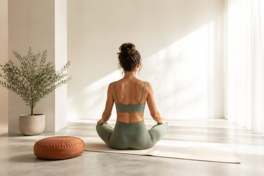 Studio de yoga baigné de lumière matinale avec tapis et coussin de méditation