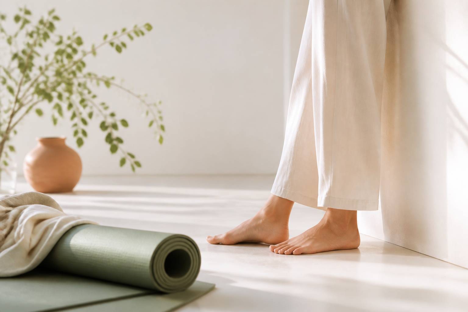Pieds posés contre un mur avec un tapis de yoga au sol dans une lumière matinale