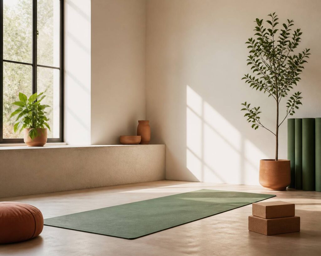 Studio de yoga lumineux avec un tapis déroulé et des blocs en bois