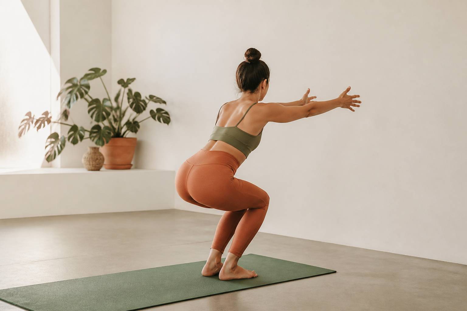 Posture de la chaise sur un tapis de yoga dans un studio clair