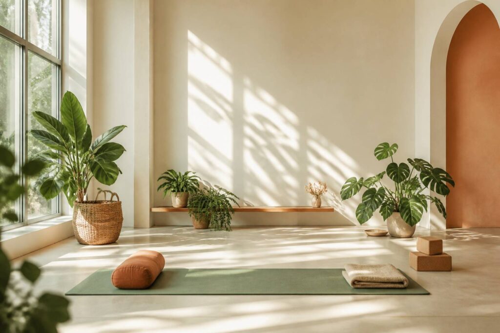 Studio de yoga lumineux avec tapis déroulé et plantes vertes