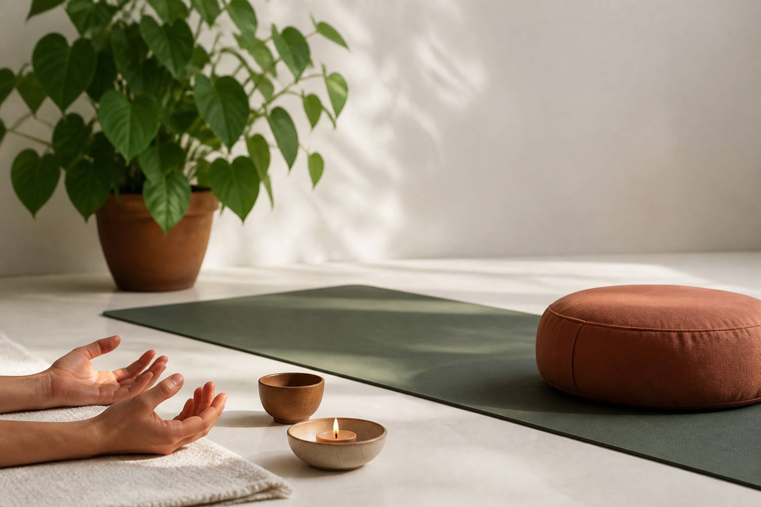 Tapis de yoga avec coussin de méditation et geste de respiration alternée