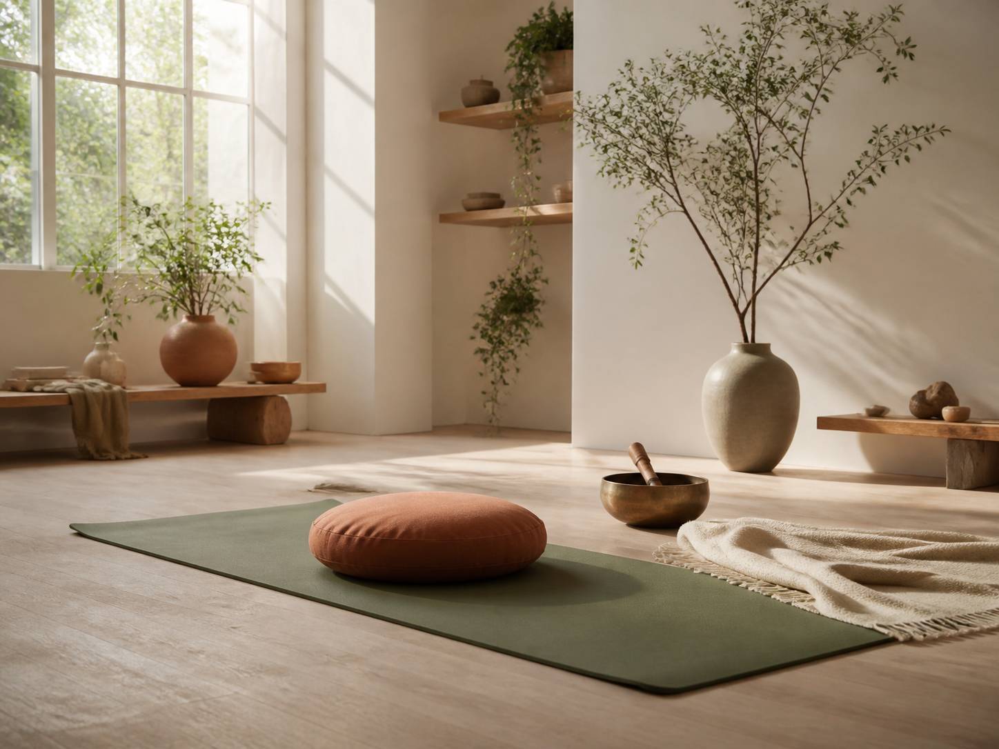 Tapis de yoga et coussin de méditation dans un studio baigné de lumière