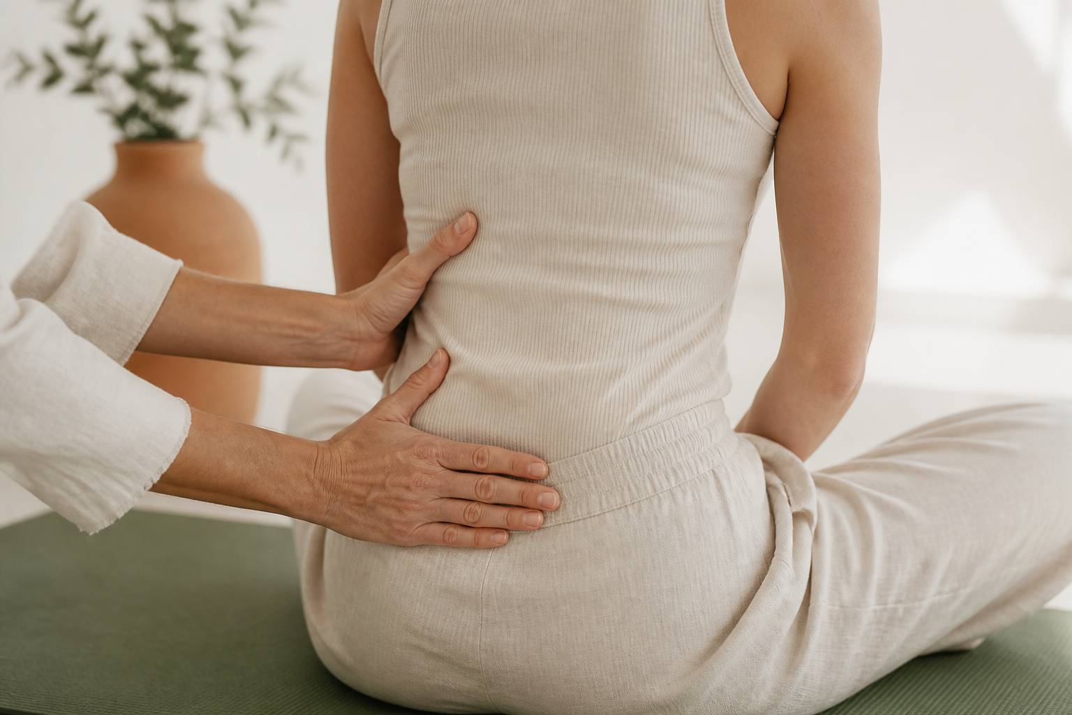 Mains posées sur le bas du dos d'une personne assise vue de dos