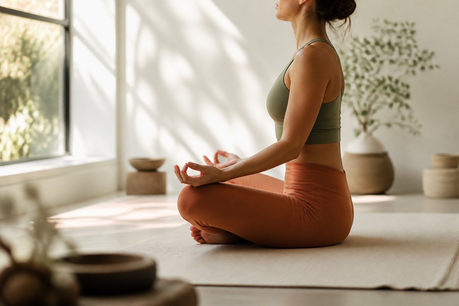 Personne assise en tailleur, mains sur les genoux, séance de respiration consciente