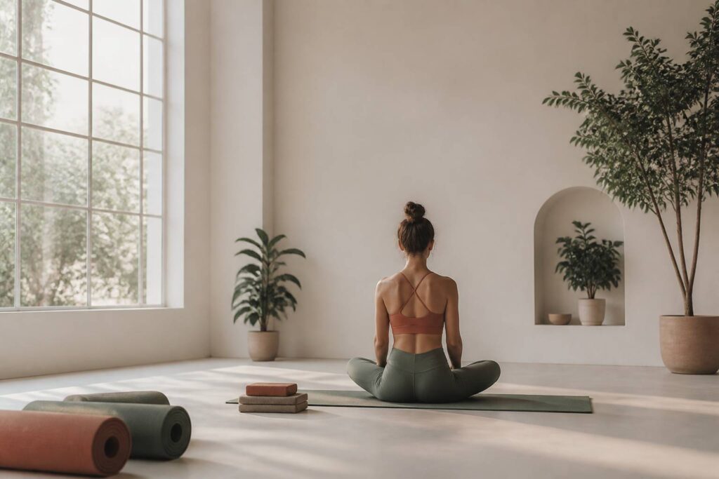Salle de yoga lumineuse avec tapis et silhouette en posture