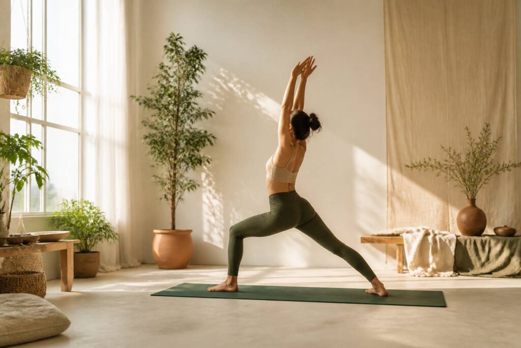 Personne pratiquant le yoga bras levés dans un studio lumineux