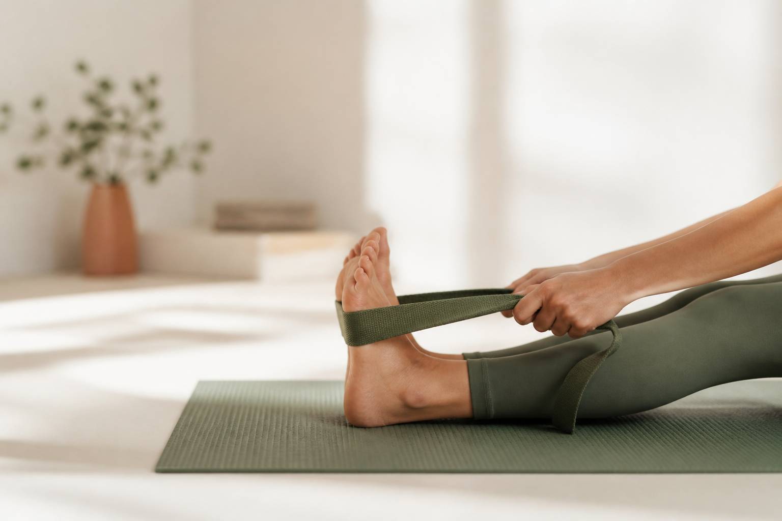 Mains tenant une sangle autour des pieds en étirement