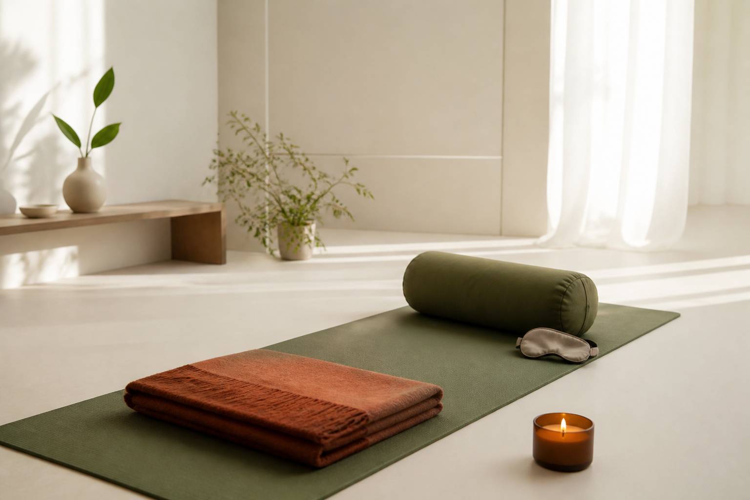 Tapis de yoga avec couverture, traversin et bougie pour le yoga nidra