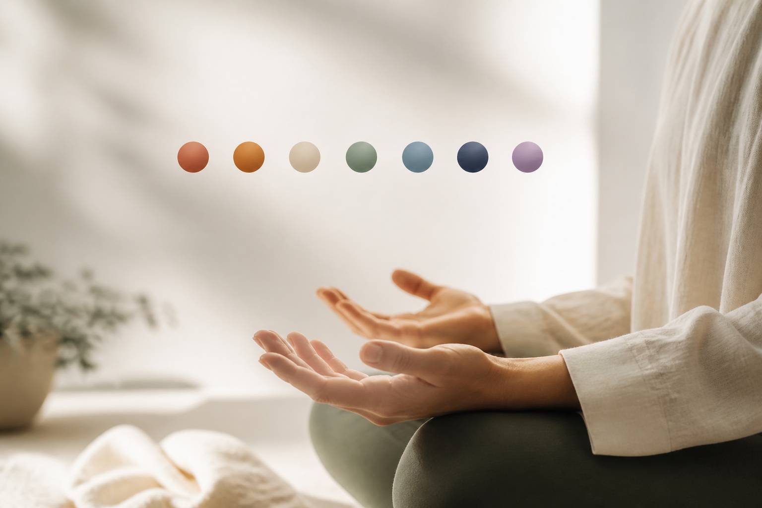 Mains en geste de méditation avec sept sphères de couleurs douces