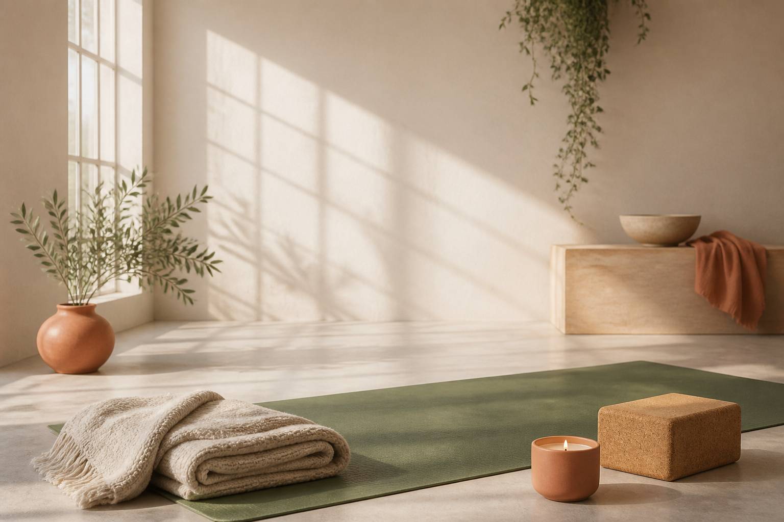 Espace de yoga au sol avec tapis, plaid, bloc en liège et bougie