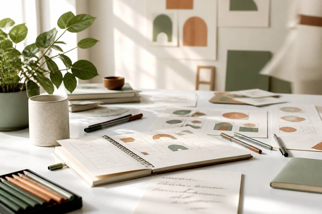 Carnet de storyboard avec formes géométriques sur un bureau