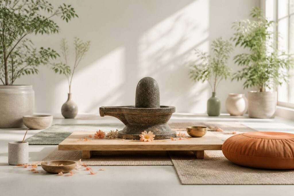 Shiva Linga en pierre posé sur un autel dans un studio de yoga