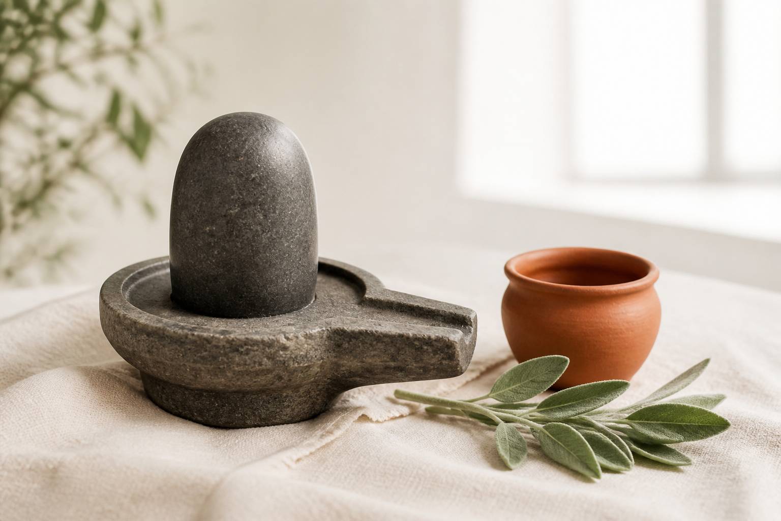 Shiva Linga et son socle yoni en pierre sur tissu écru