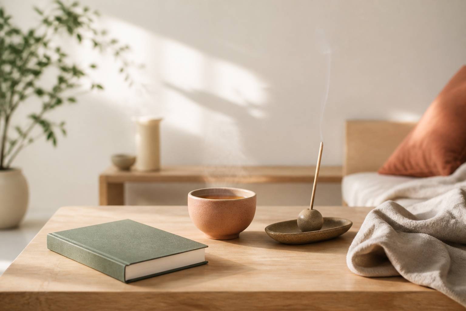 Table basse en bois avec livre fermé, tasse de thé et encensoir discret