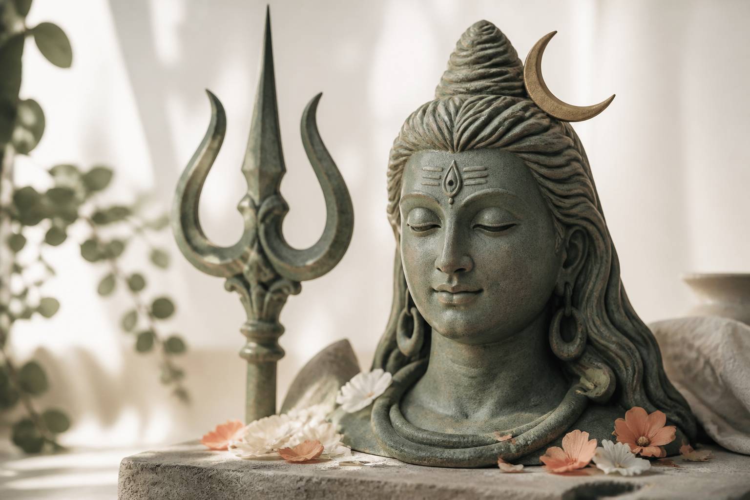 Statue sereine de divinité méditative aux yeux fermés avec croissant de lune et trident ornemental