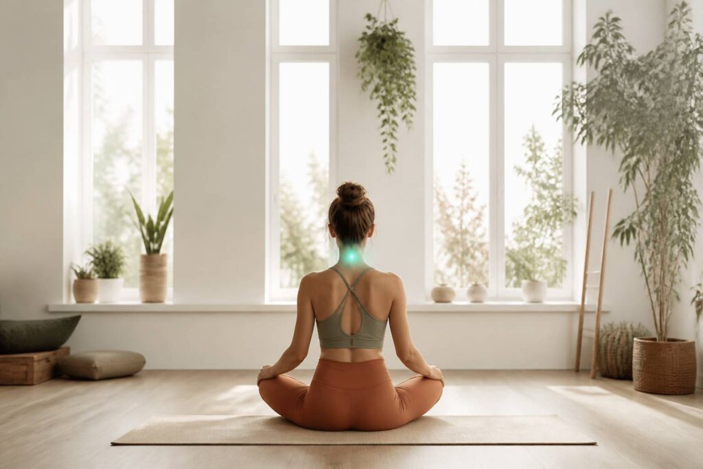 Studio de yoga lumineux avec une personne méditant vue de dos et une lueur au niveau de la gorge