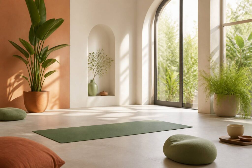 Studio de yoga lumineux avec tapis et coussins de méditation