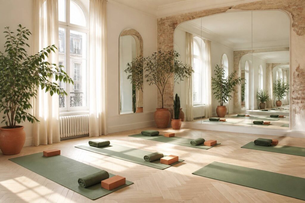 Studio de yoga parisien lumineux avec tapis alignés et plantes vertes