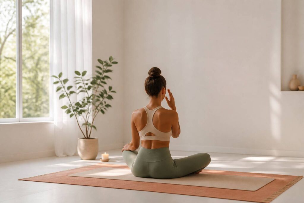Studio de yoga lumineux avec pratiquant assis en respiration solaire