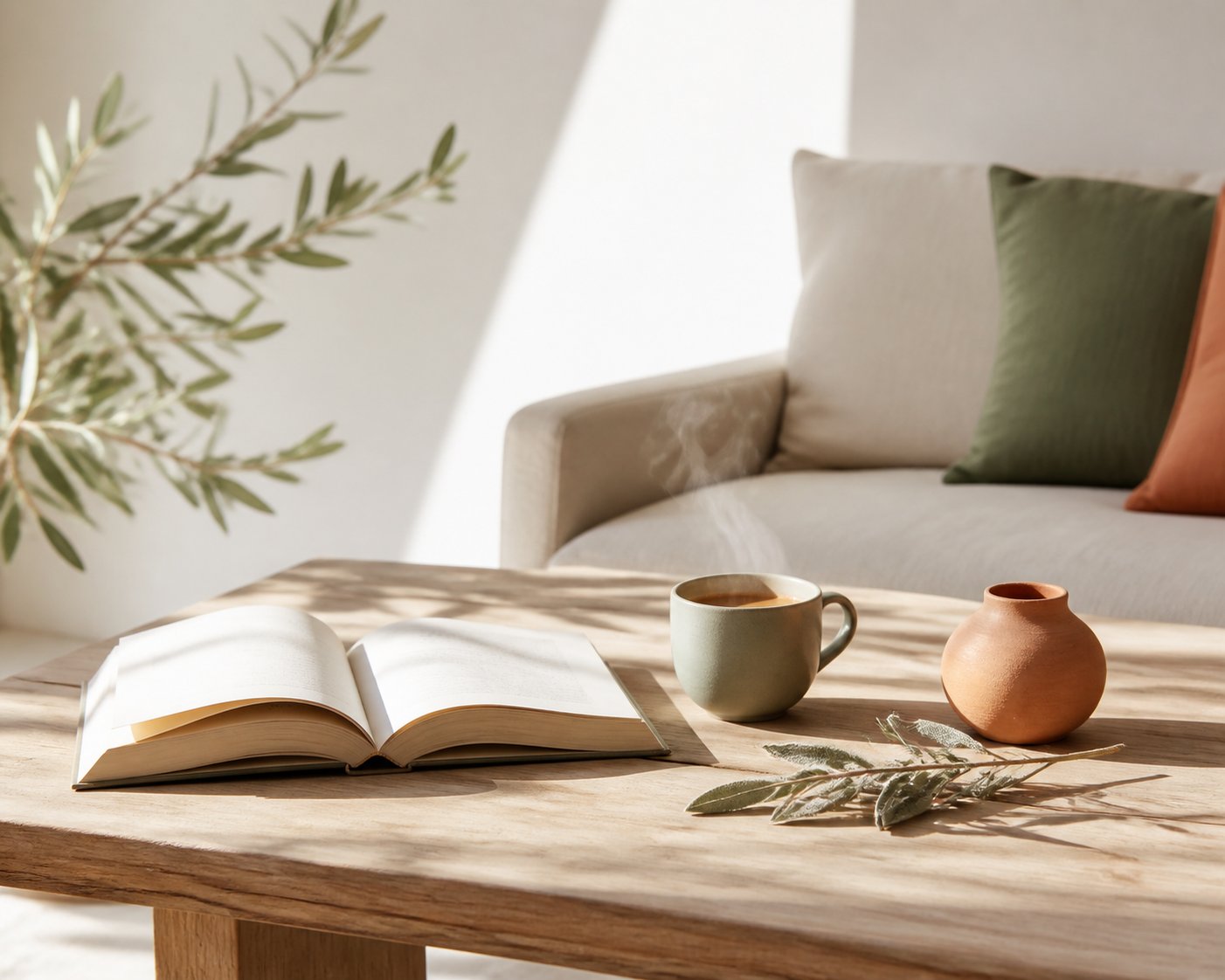 Table basse en bois clair avec livre ouvert, tasse de thé fumante et branche de sauge