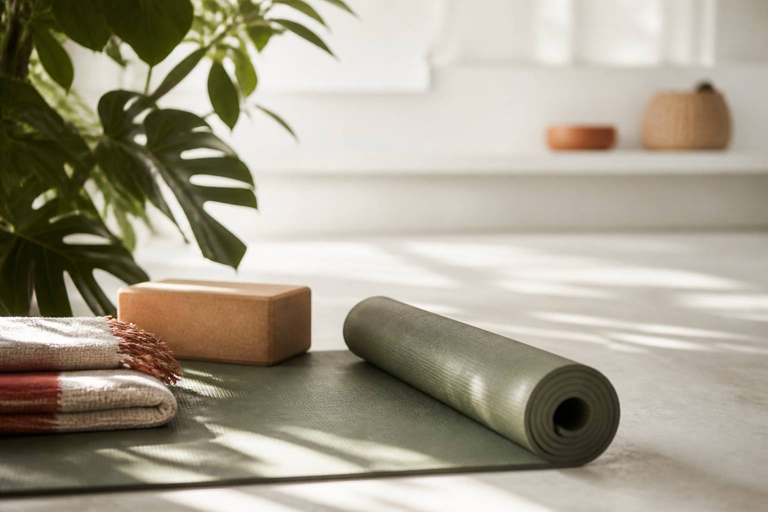 Tapis de yoga avec bloc en liège et couverture pliée