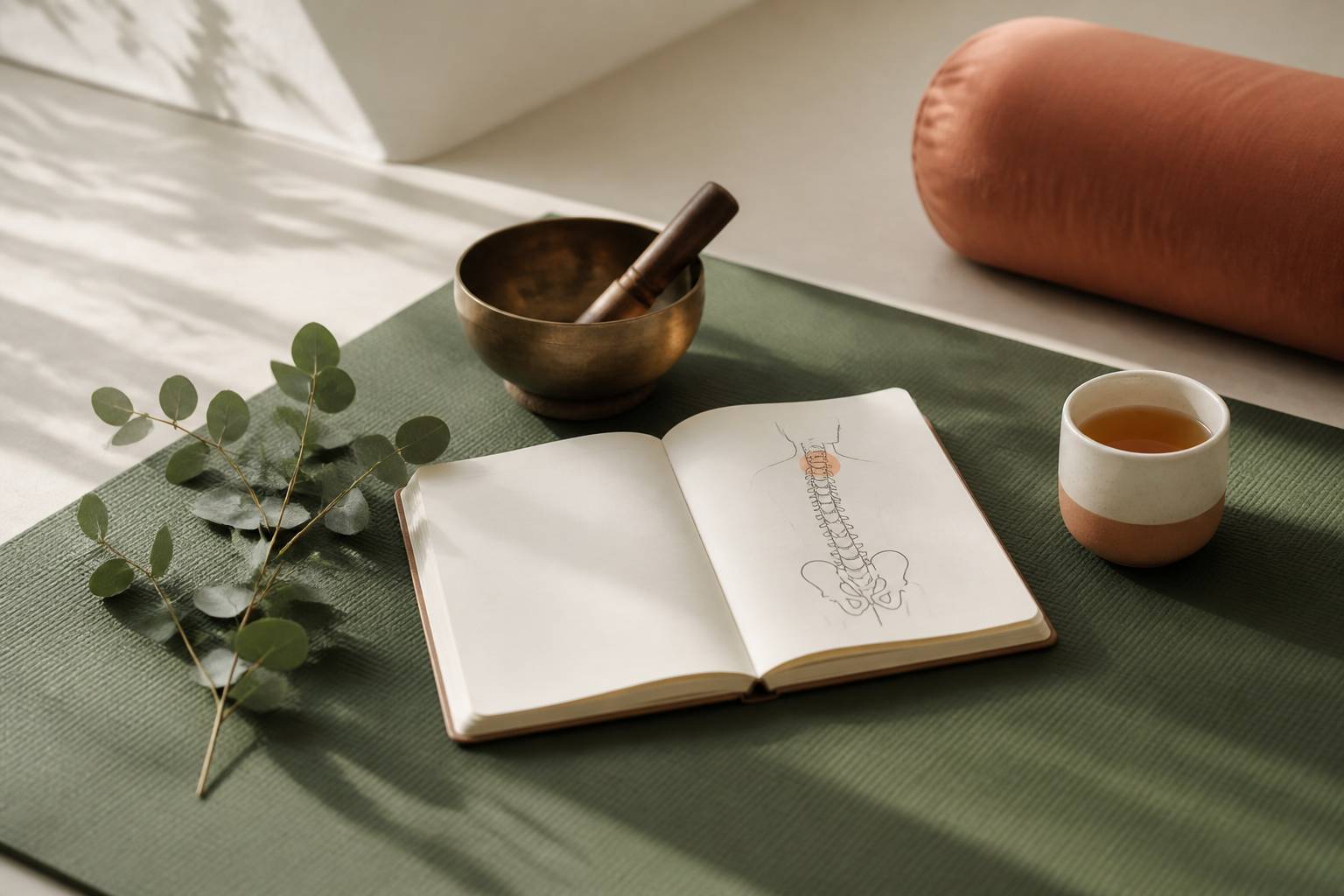 Tapis de yoga avec carnet de schémas, bol chantant, eucalyptus et tasse de thé
