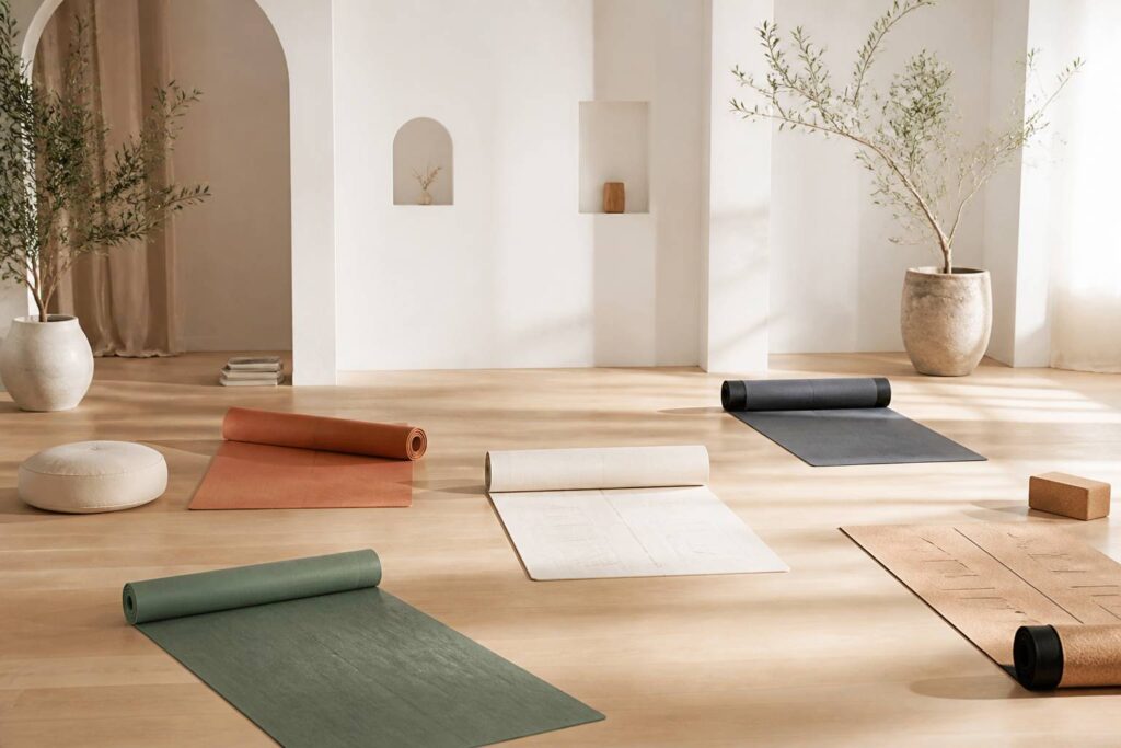 Studio lumineux avec cinq tapis de yoga en matières naturelles