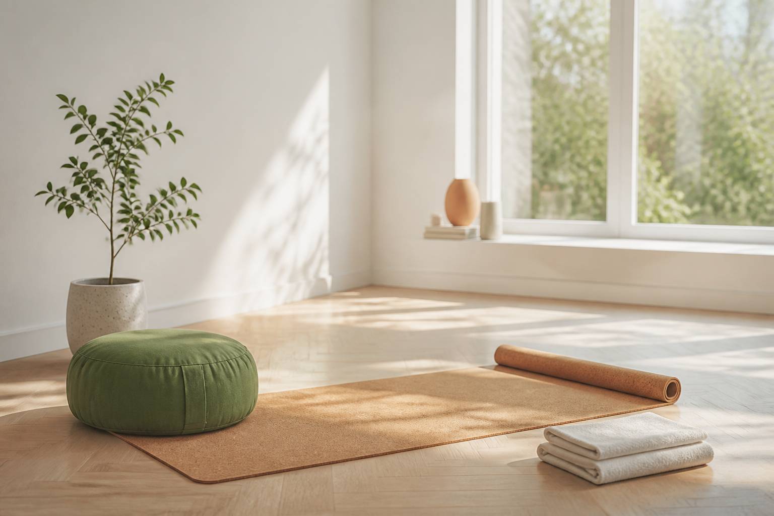 Tapis de yoga en liège avec coussin et serviette pliée