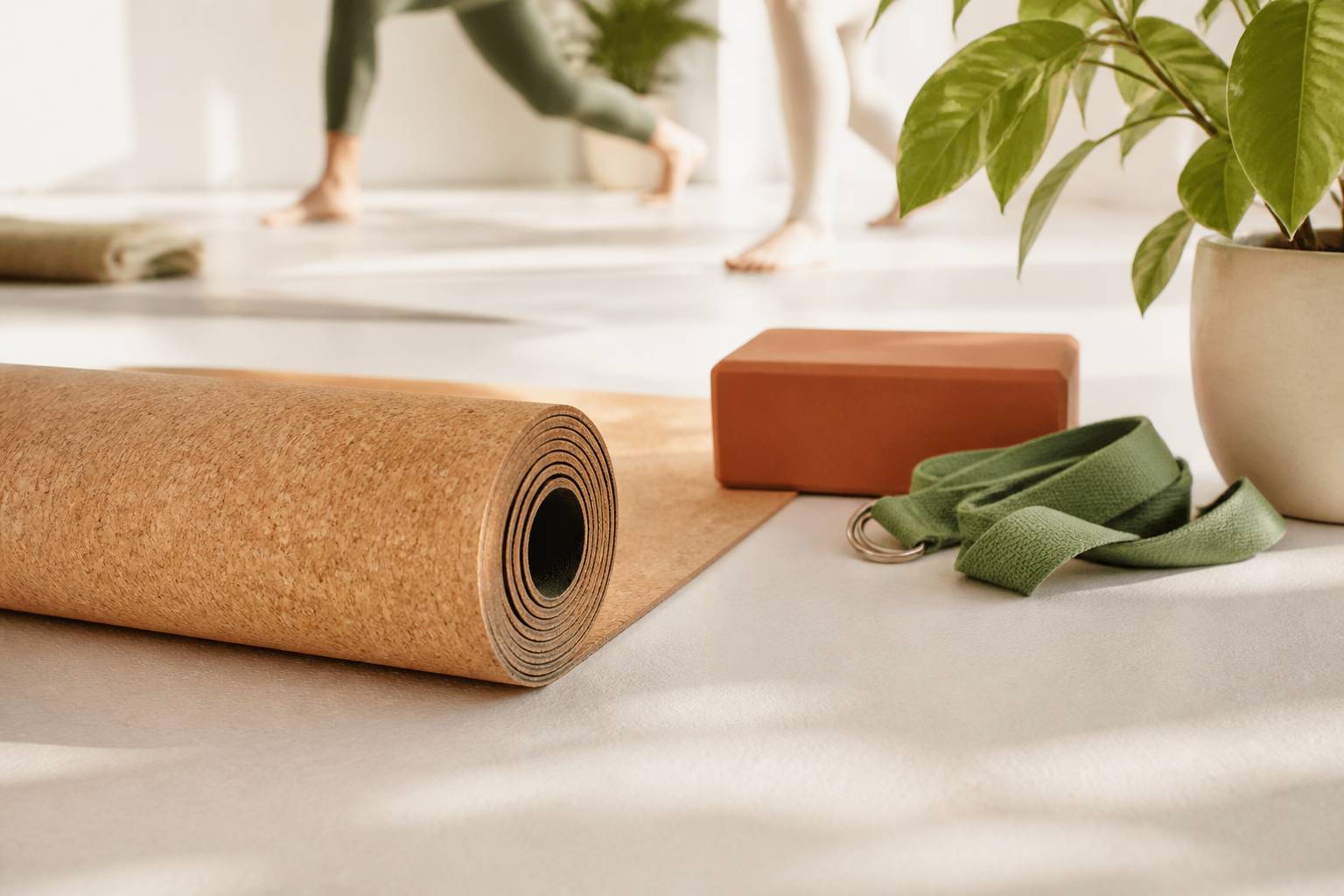 Tapis de yoga en liège déroulé avec bloc et sangle