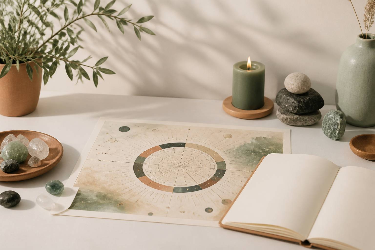 Thème astral imprimé avec carte du ciel, bougie et pierres posés sur un bureau épuré